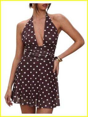 Polka Dot Halter Mini Dress Sexy Deep V Neck Backless A-Line